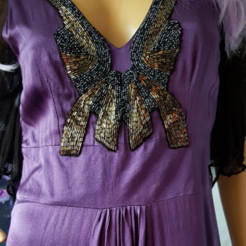 Silk Maxi BIBA Butterfly Beaded Purple Flutter Dress Mid Arm Flutter Sleeves - Picture 5 of 10
